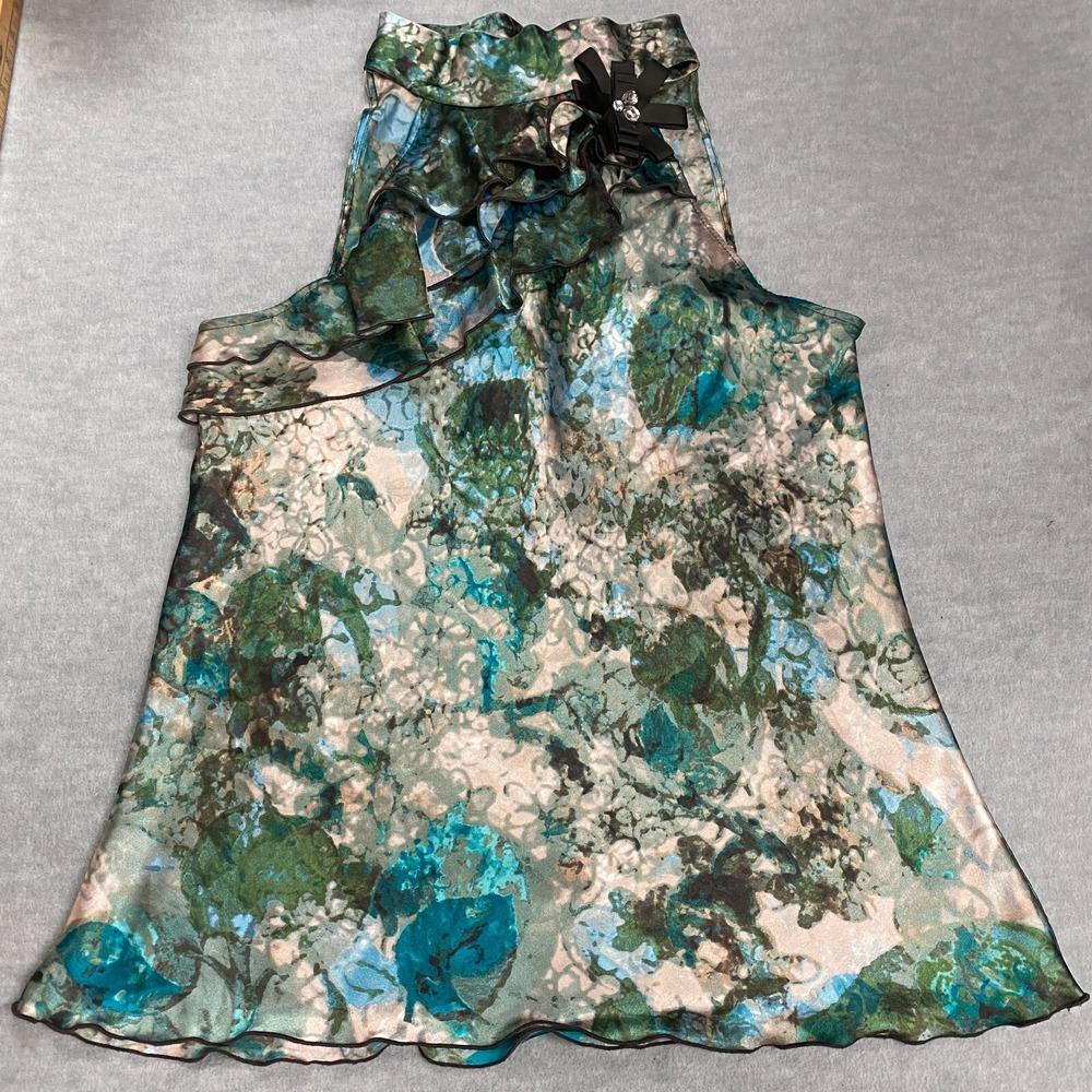A.Byer Y2K Satiny Women's XL Sleeveless Asymmetric Ruffle Blue Green Top Blouse
